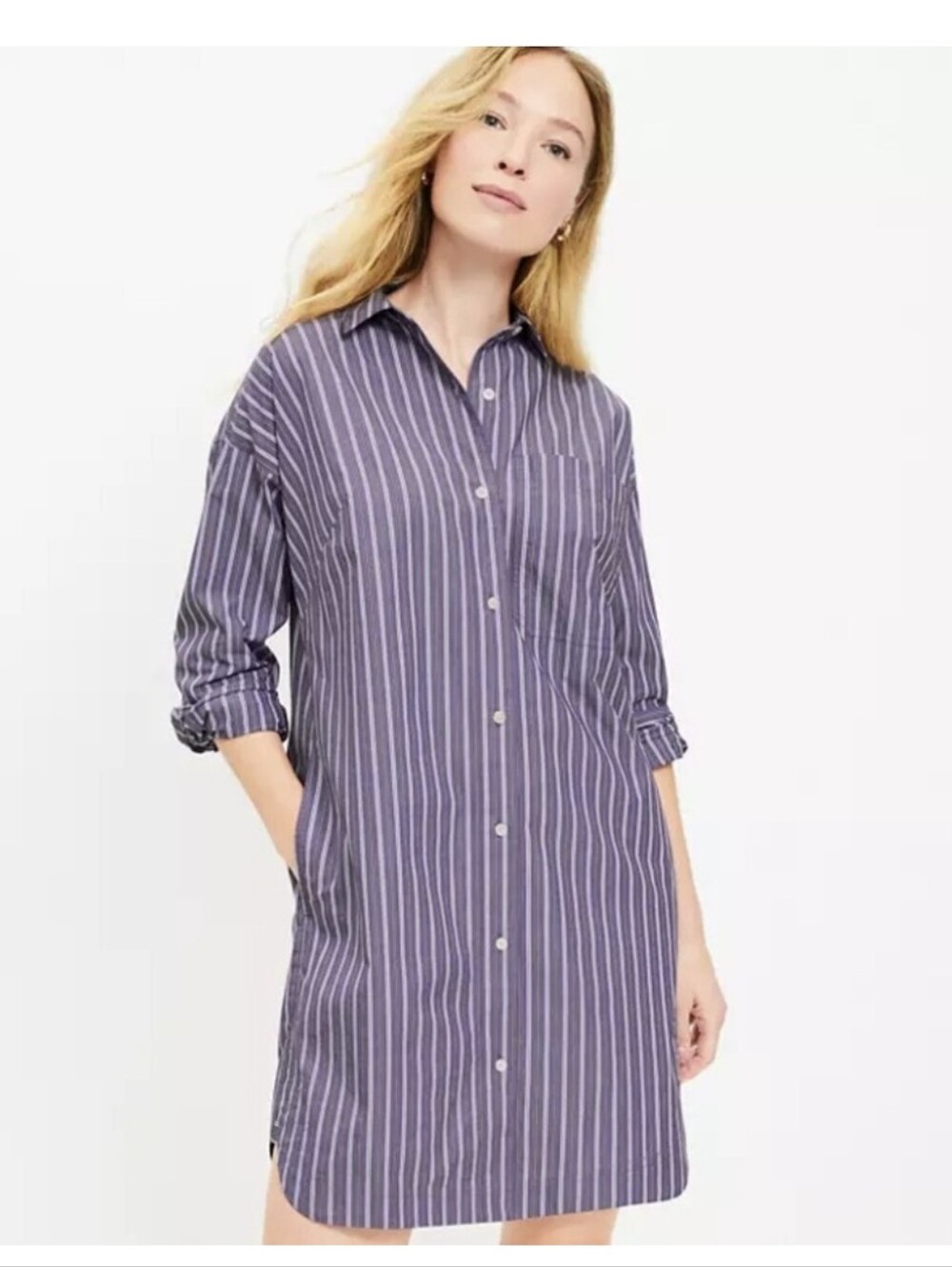 LOFT Purple and White Striped Shirt Dress Oversized with pockets size 6